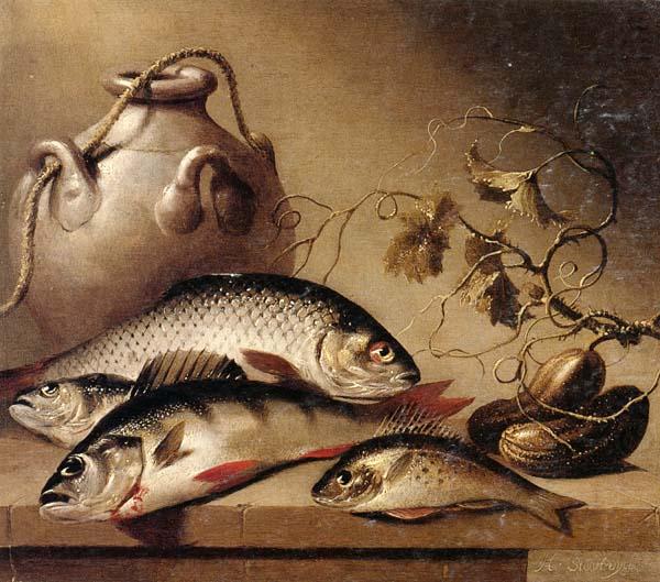 Harmen van Steenwyck Still life of freshwater fish,together with an earthenware pot and ghrkins,upon a stone ledge china oil painting image